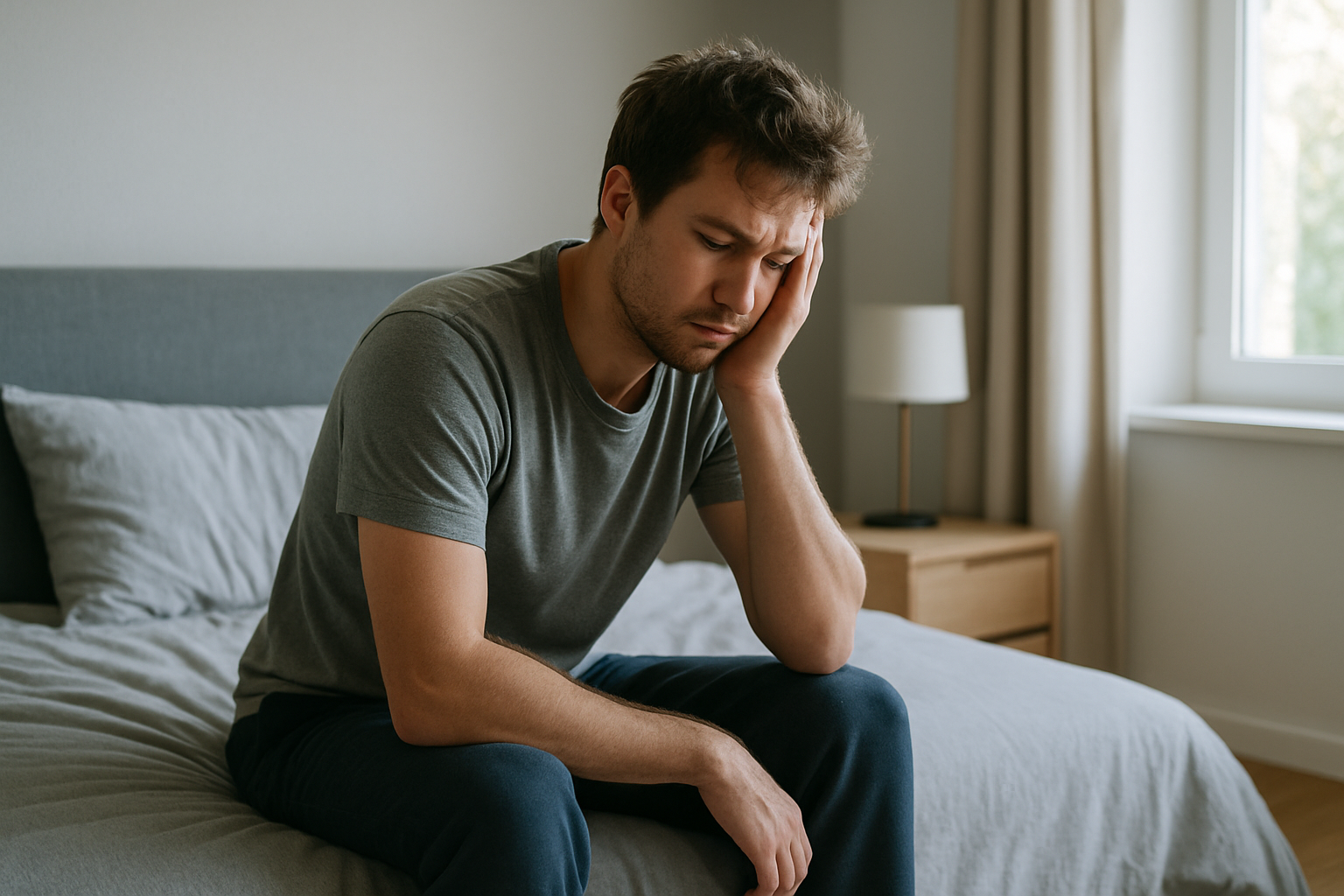 Persona stanca seduta sul letto al risveglio nonostante molte ore di sonno