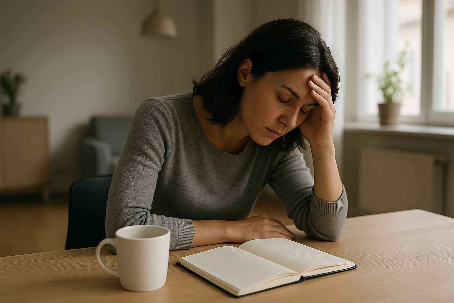 Persona stanca seduta a un tavolo con agenda aperta, segni di affaticamento fisico e mentale