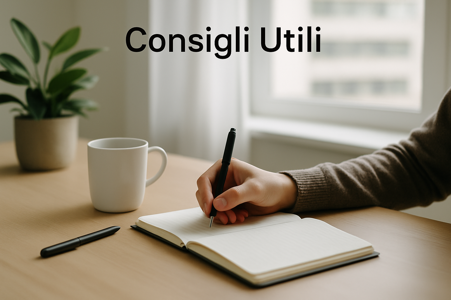 Scrivania ordinata con taccuino e penna in un ambiente luminoso e minimalista