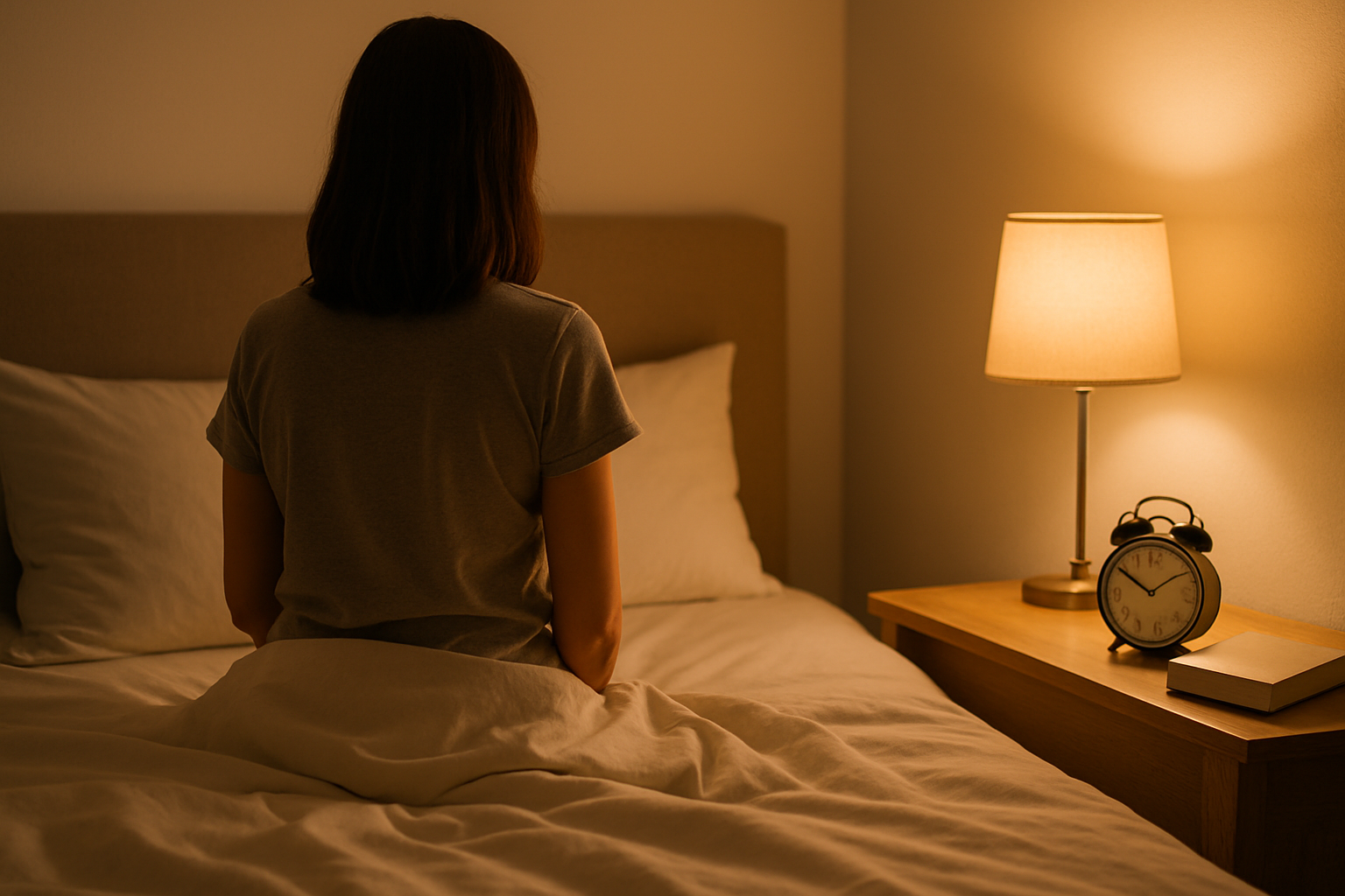 Camera da letto ordinata con luce calda soffusa, atmosfera rilassante per favorire un sonno di qualità