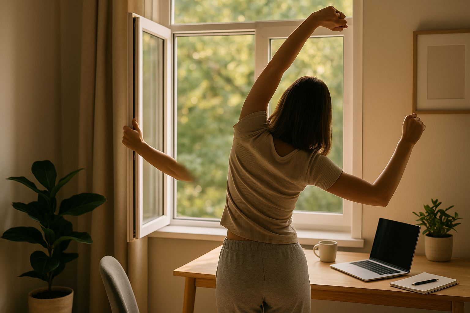 Persona che apre la finestra al mattino e fa stretching leggero in un ambiente domestico ordinato