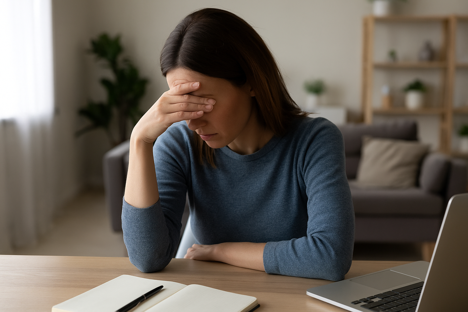 Persona a casa che mostra segni di stress quotidiano con postura tesa e mano sulla fronte