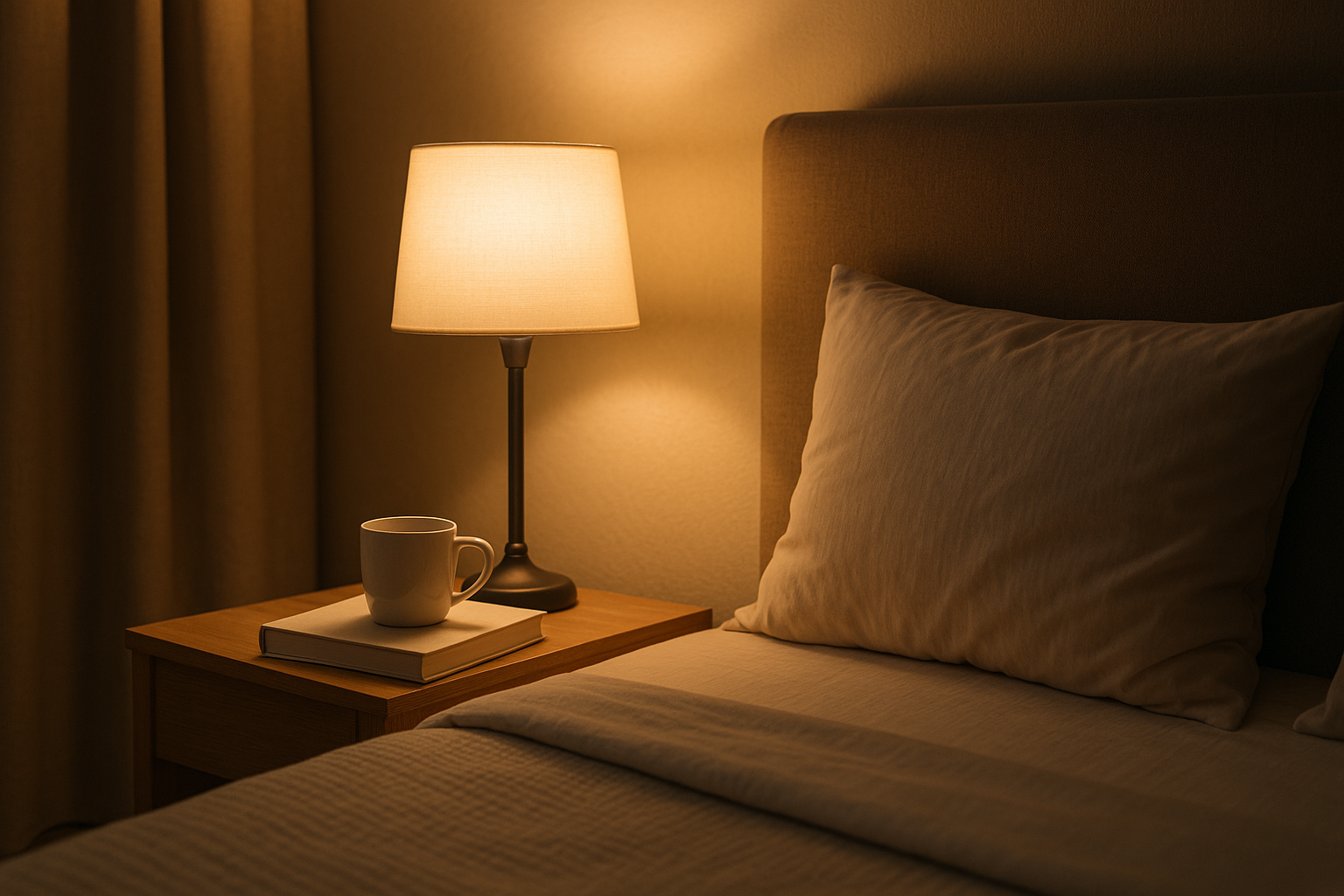 Camera da letto con luci calde e comodino ordinato per favorire una routine serale rilassante