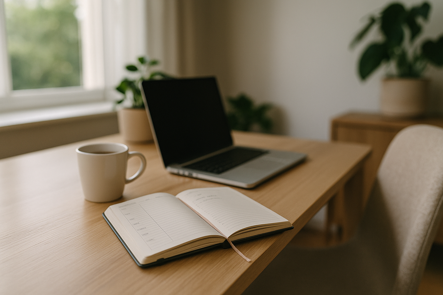 Scrivania ordinata con agenda e tazza, luce naturale, simbolo di equilibrio tra lavoro e vita personale