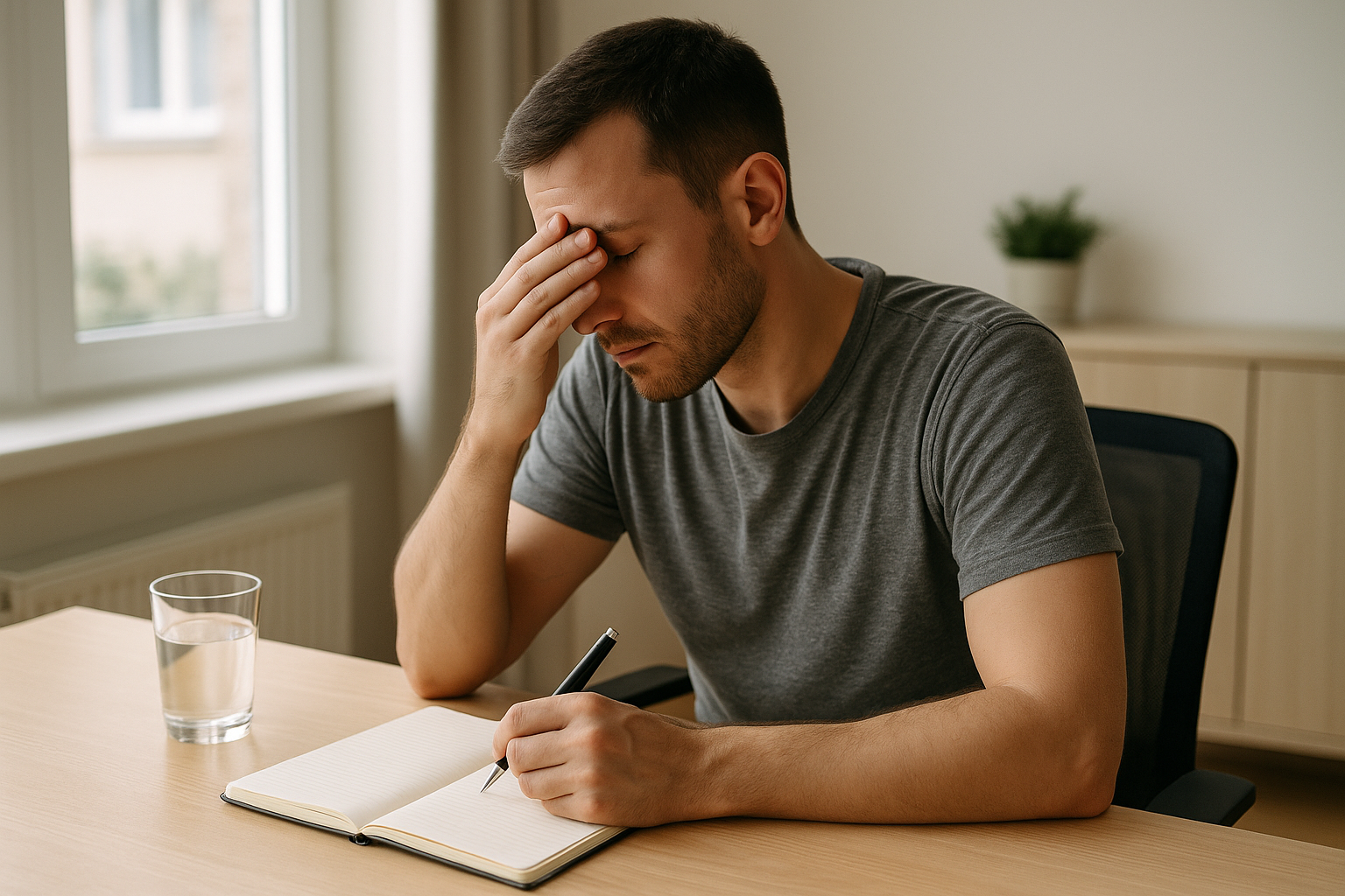 Persona che fa una pausa breve alla scrivania per recuperare energie mentali in una giornata intensa