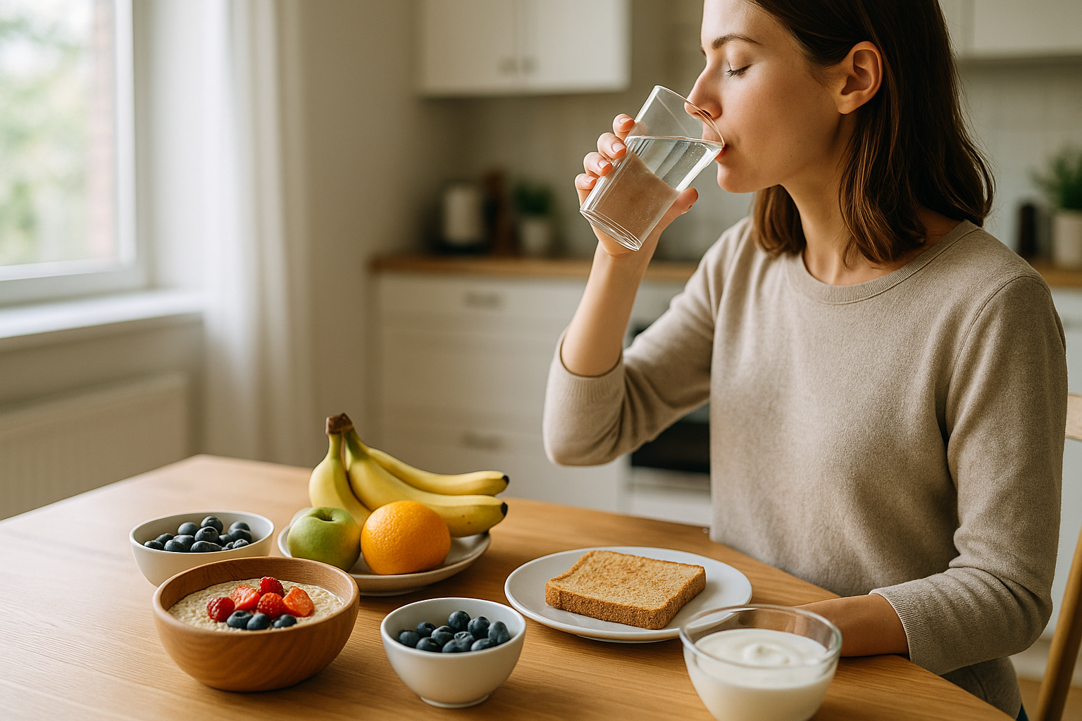 Persona che prepara una colazione equilibrata e beve acqua al mattino per mantenere energia stabile durante la giornata