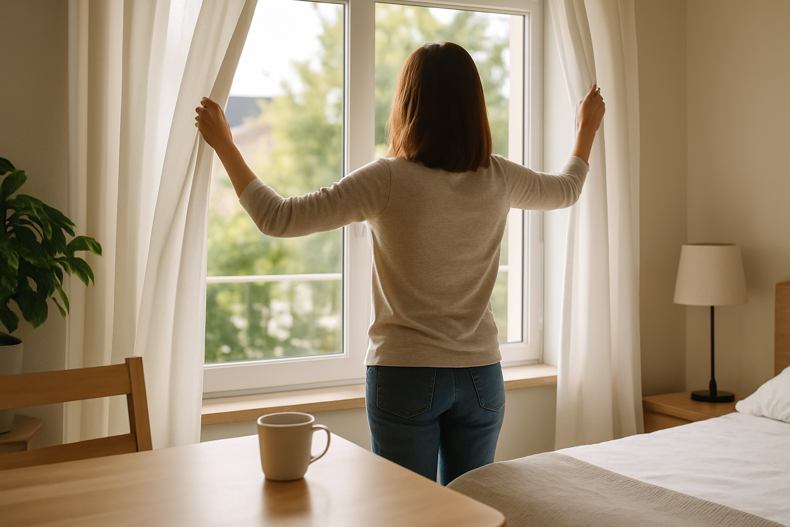 Persona che apre la finestra al mattino in una stanza ordinata, con luce naturale che entra