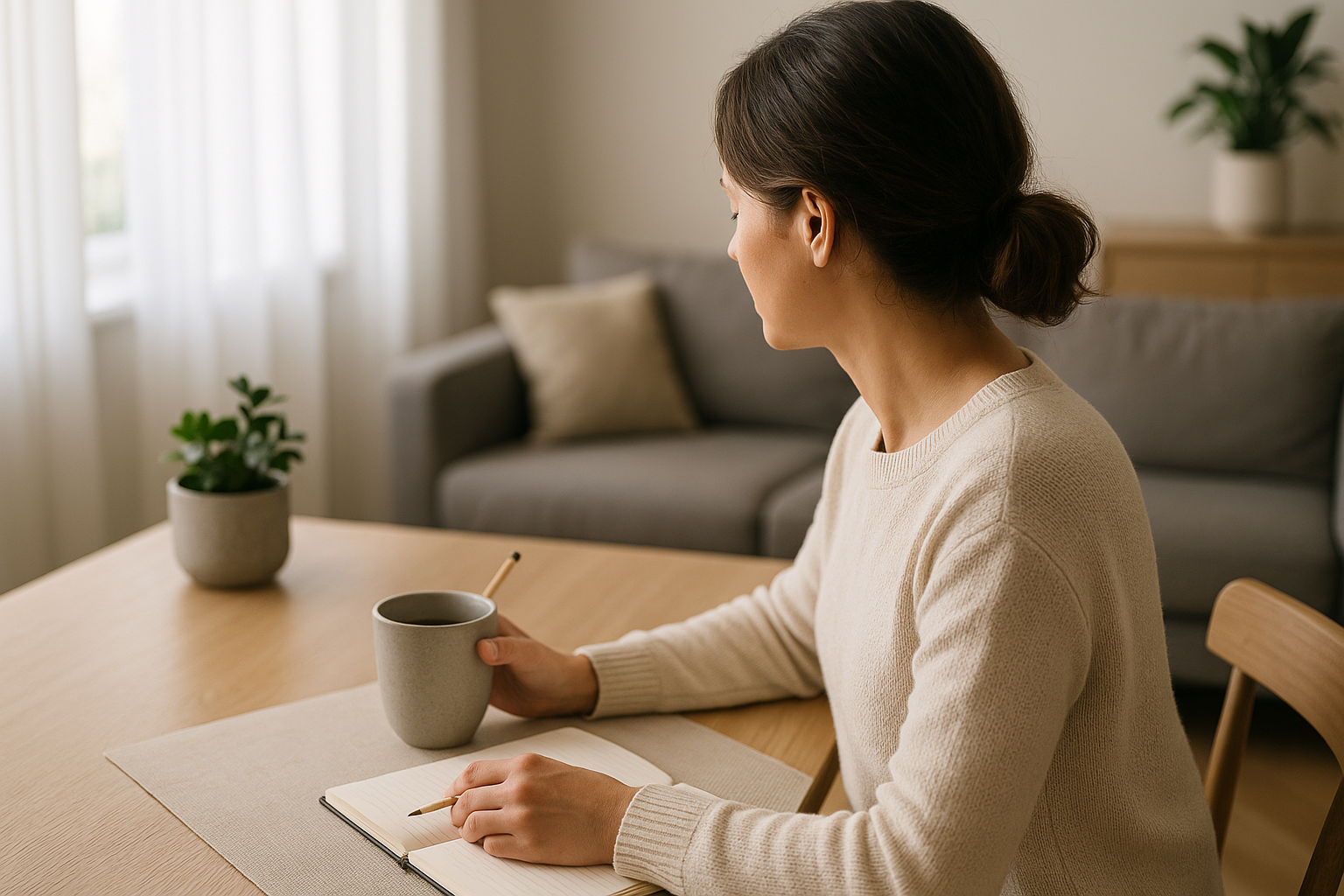 Persona che scrive su un quaderno al mattino in un ambiente domestico tranquillo per favorire il benessere mentale