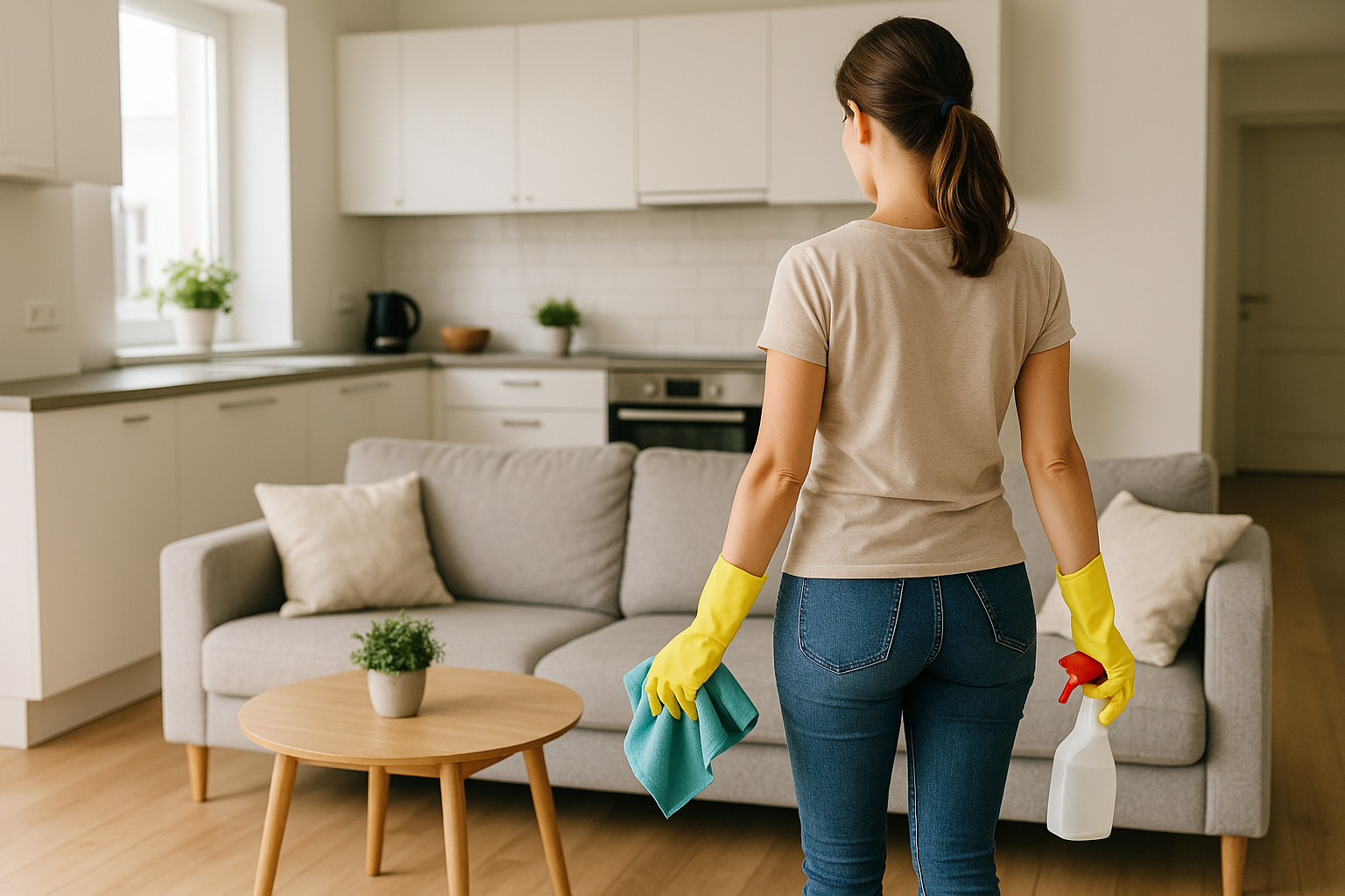 Casa ordinata con cucina e soggiorno puliti, pronta in pochi minuti con una routine semplice