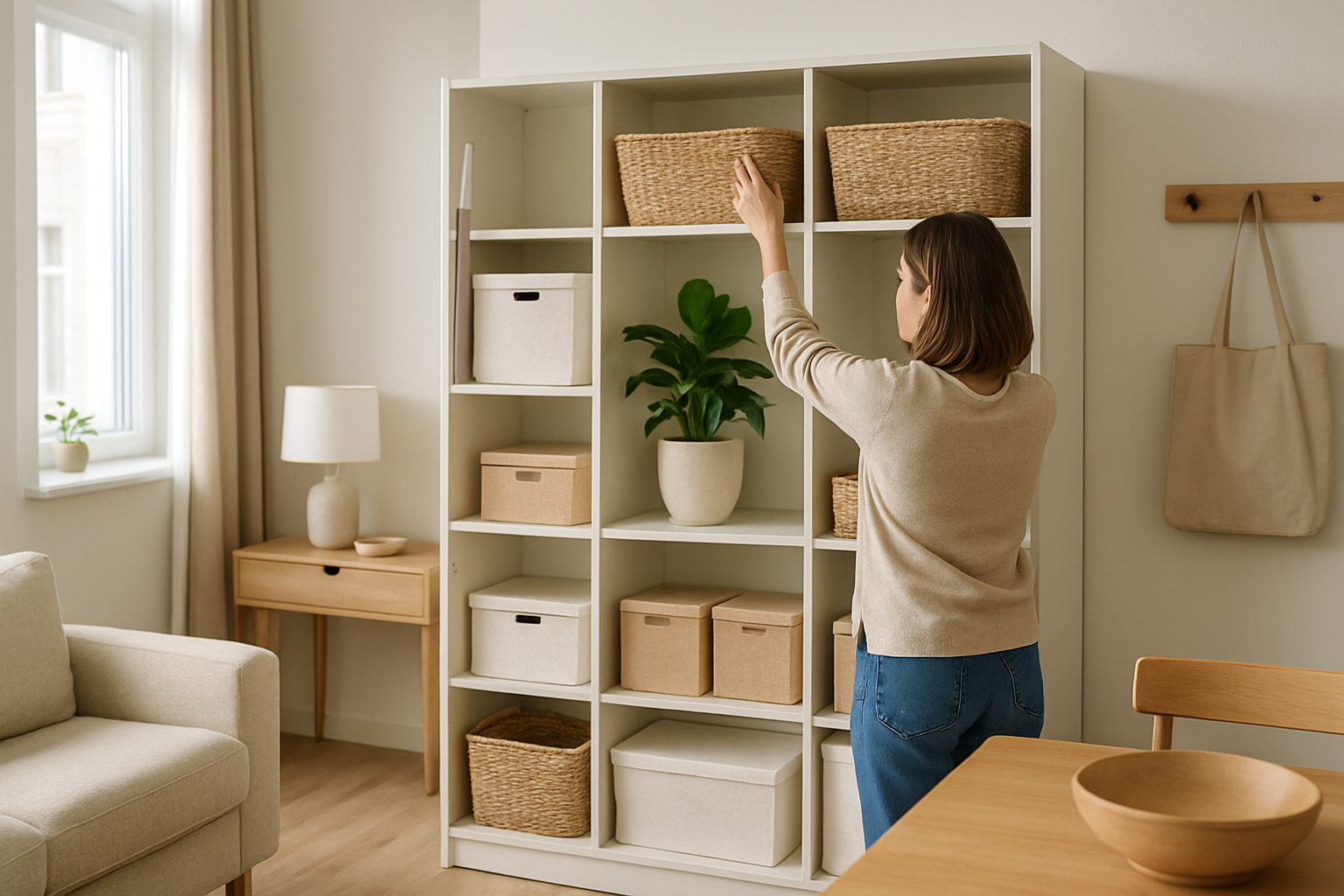 Ambiente domestico ordinato con soluzioni salvaspazio e superfici libere