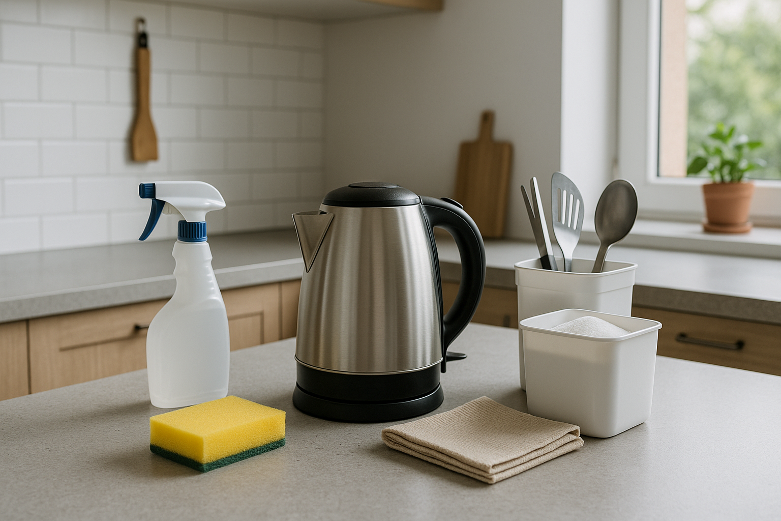 Utensili e contenitori essenziali per la casa disposti in modo ordinato su un piano di lavoro