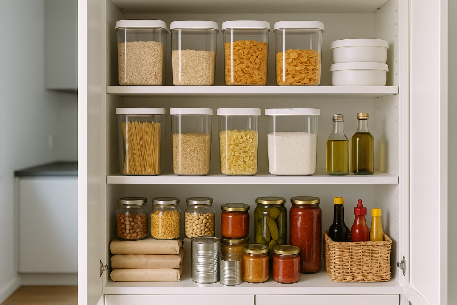 Dispensa domestica ordinata con prodotti organizzati per categorie e contenitori trasparenti