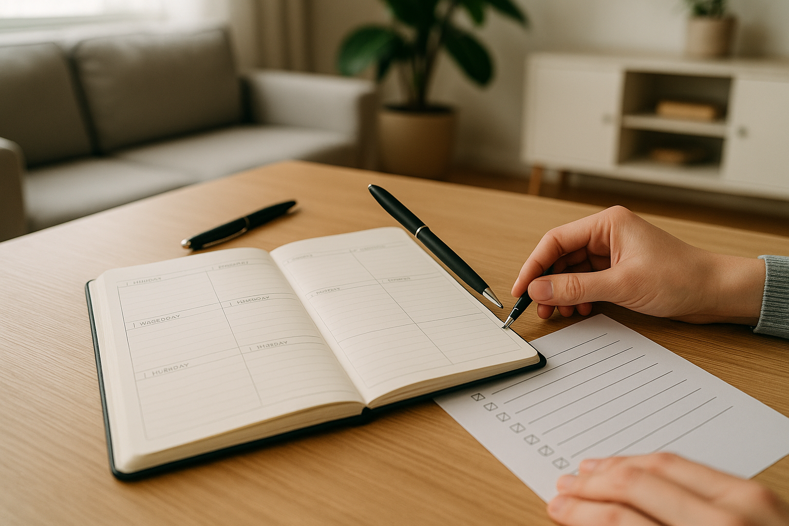 Agenda settimanale aperta su una scrivania ordinata con penna e checklist
