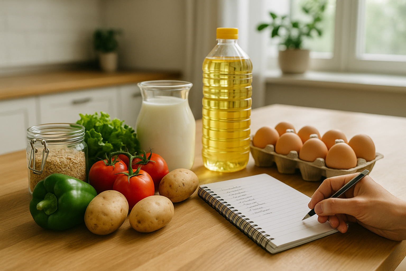 Lista della spesa su un blocco note in cucina con ingredienti base pronti per pianificare gli acquisti