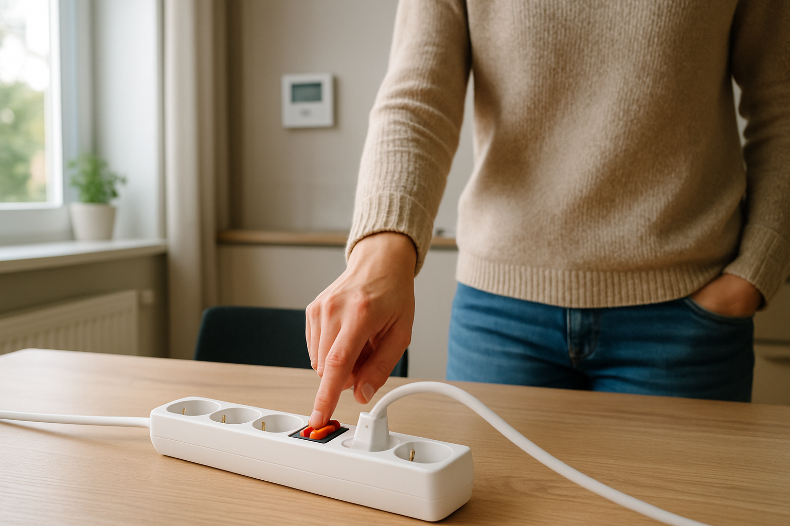 Gesto di spegnere una multipresa in casa per ridurre i consumi energetici