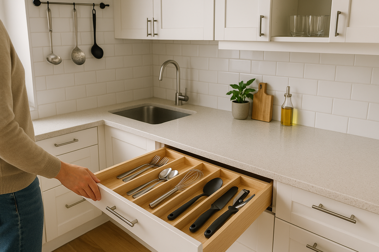 Cucina ordinata con zone di lavoro libere e utensili essenziali riposti in modo funzionale