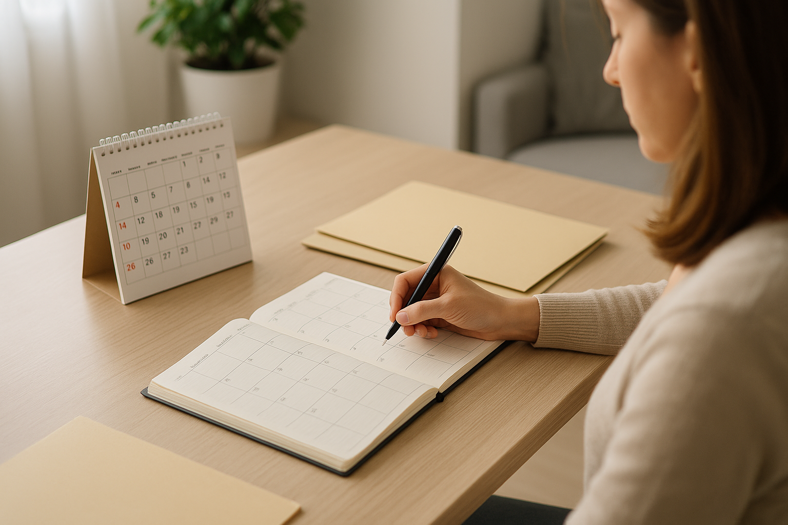 Scrivania ordinata con agenda, calendario e cartelline per organizzare scadenze e documenti