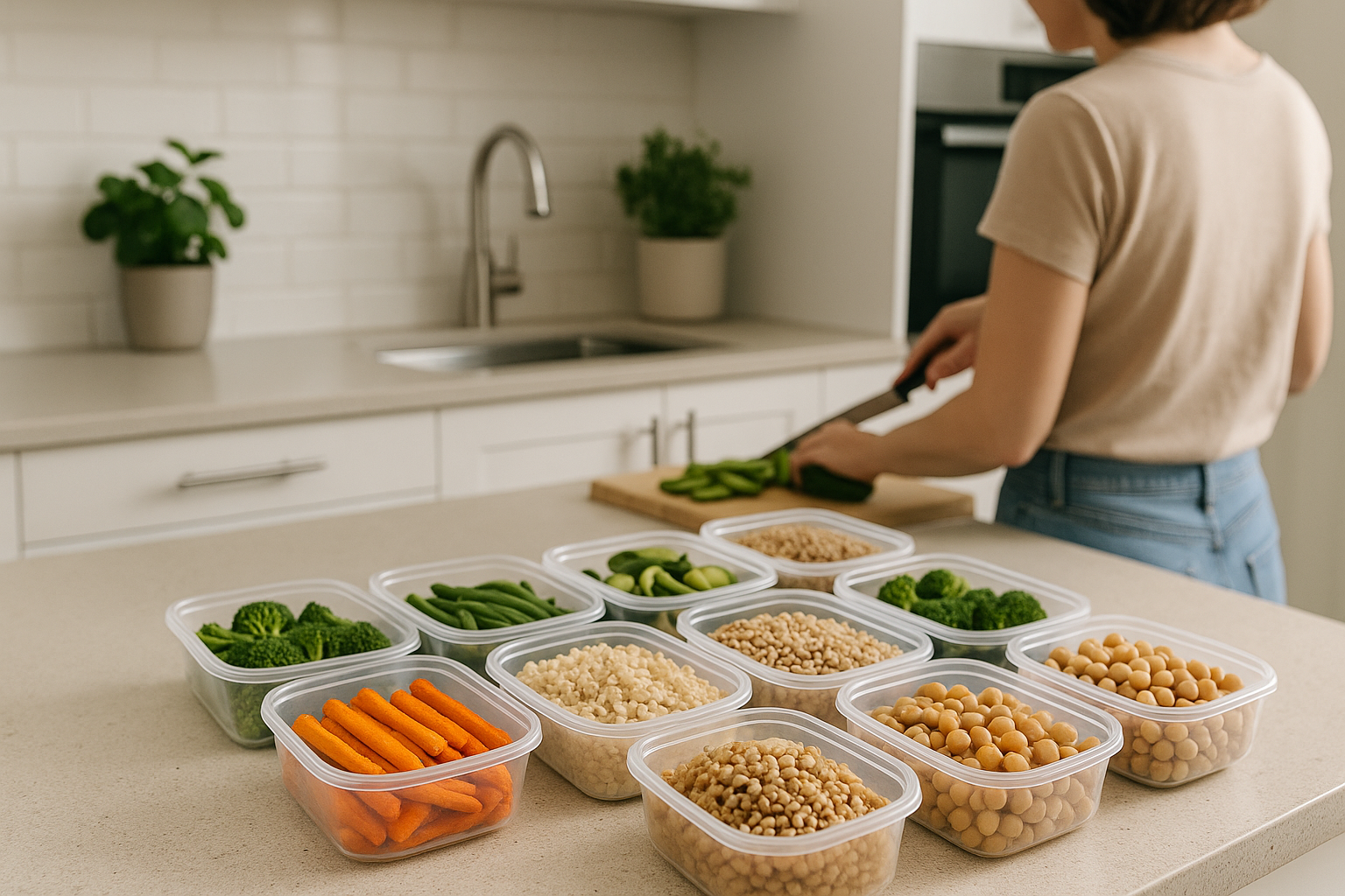 Contenitori con basi per meal prep: verdure, cereali e legumi pronti per la settimana