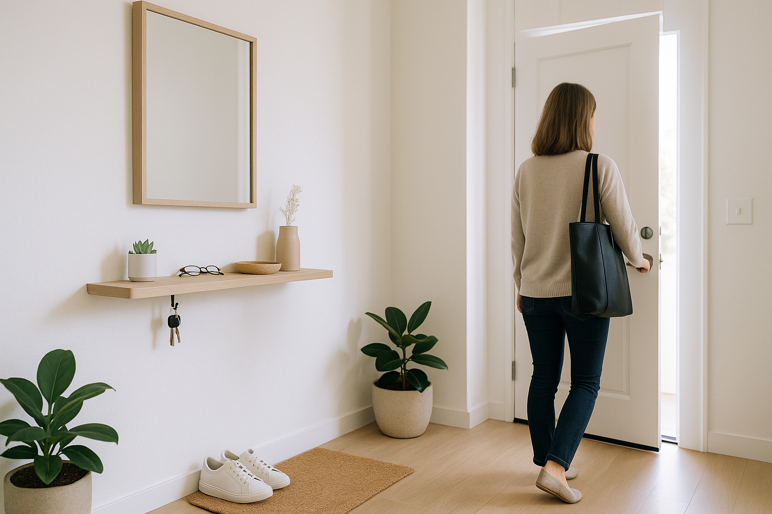 Ingresso di casa ordinato con pochi oggetti essenziali per una routine minimalista